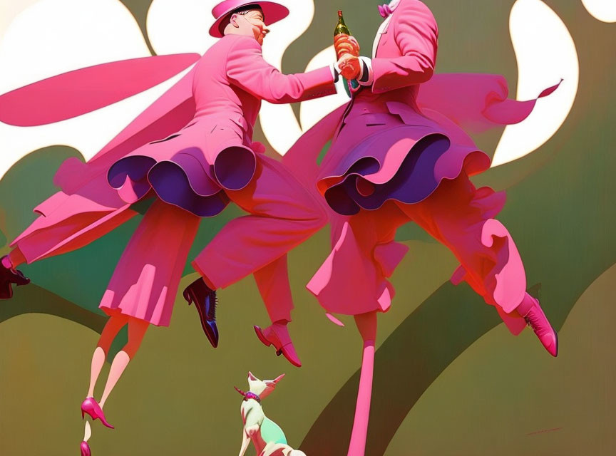 Illustrated characters in pink outfits and capes dance with dog in hat below