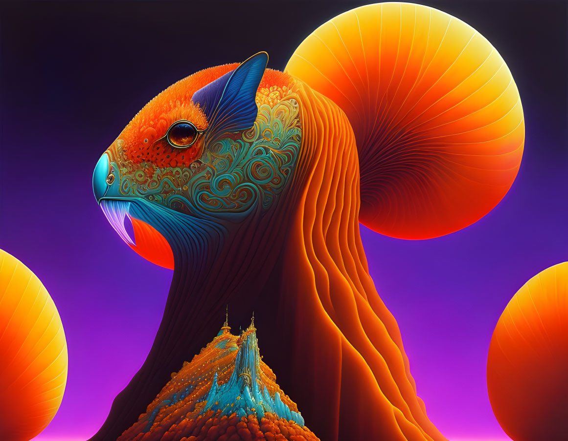 Colorful digital artwork: Mythical lizard creature with intricate patterns and landscape on back