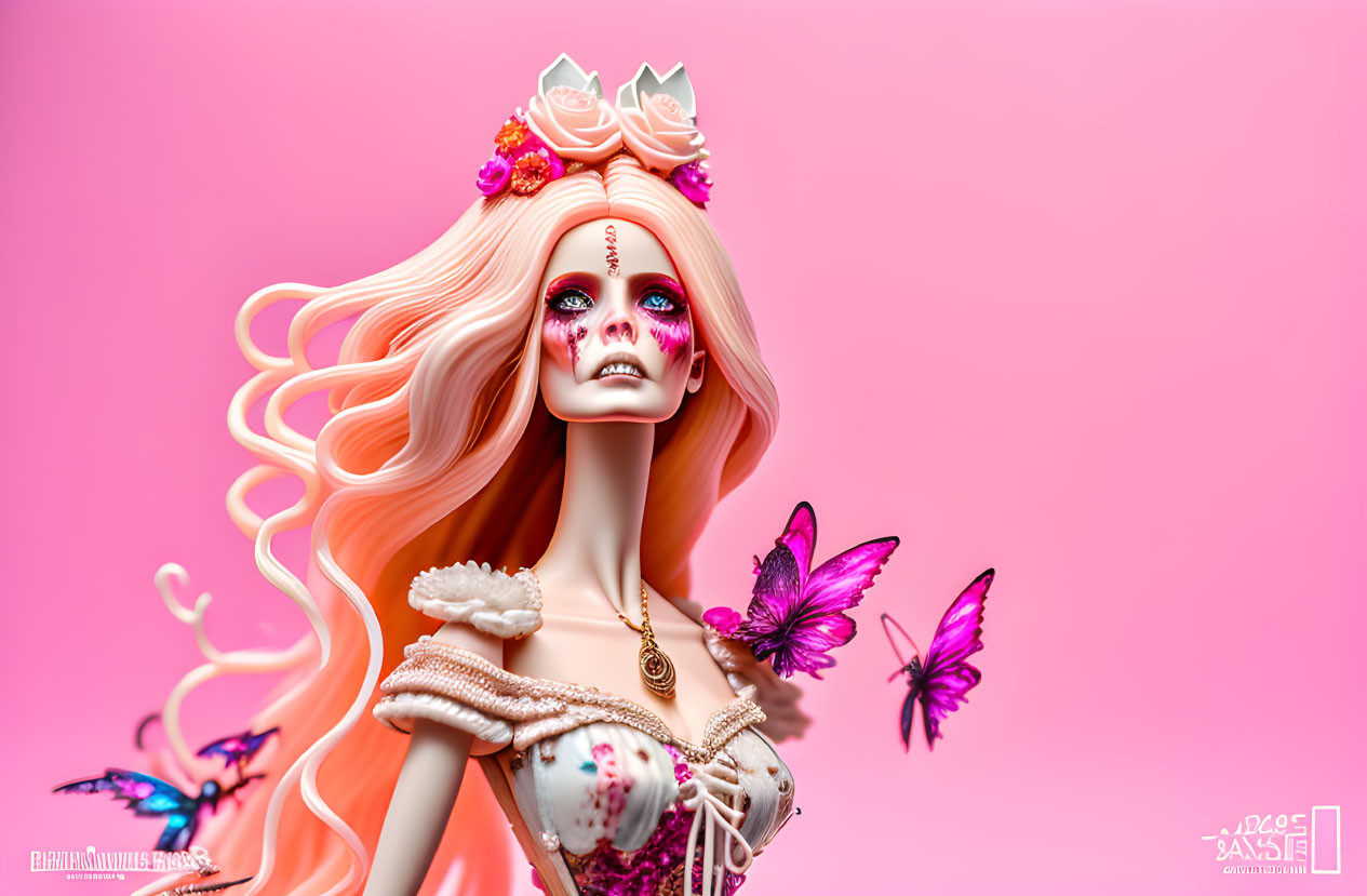 Surreal female figure with flowing hair, ornate makeup, flowers, and butterflies on pink background