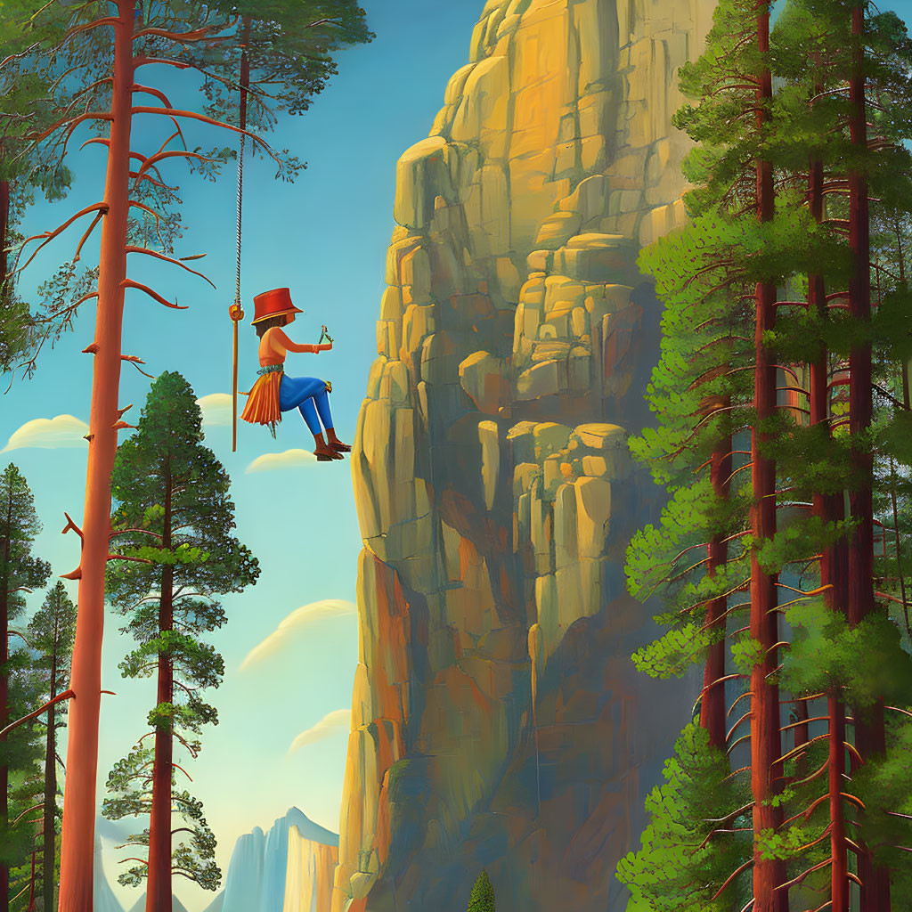 Cowboy hat-wearing animated character rock climbs sheer cliff among pine trees under blue sky