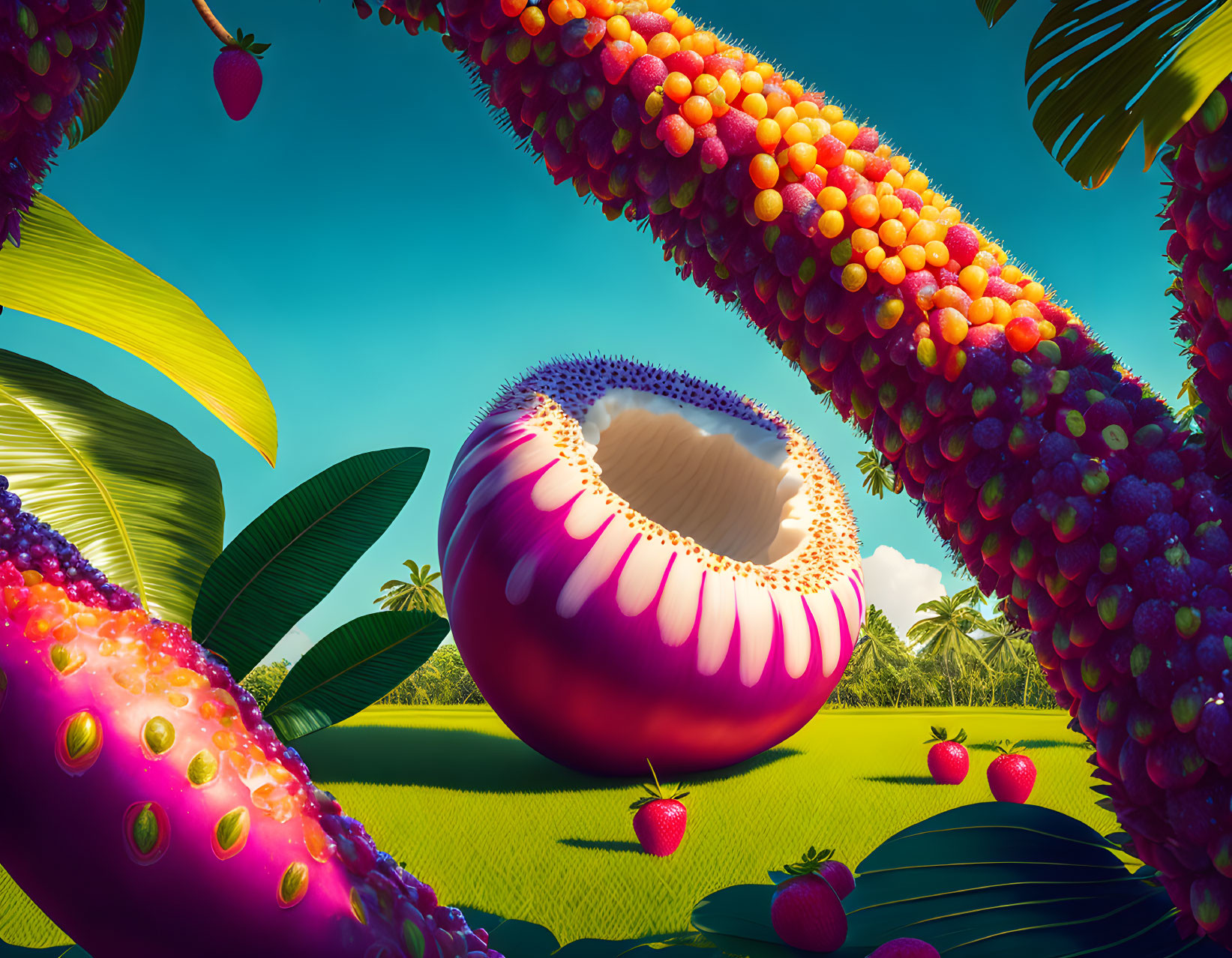 Surreal landscape with fruit-like structures under a blue sky