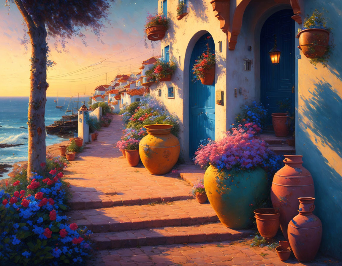 Scenic coastal pathway with vibrant flowers and blue doors at sunset