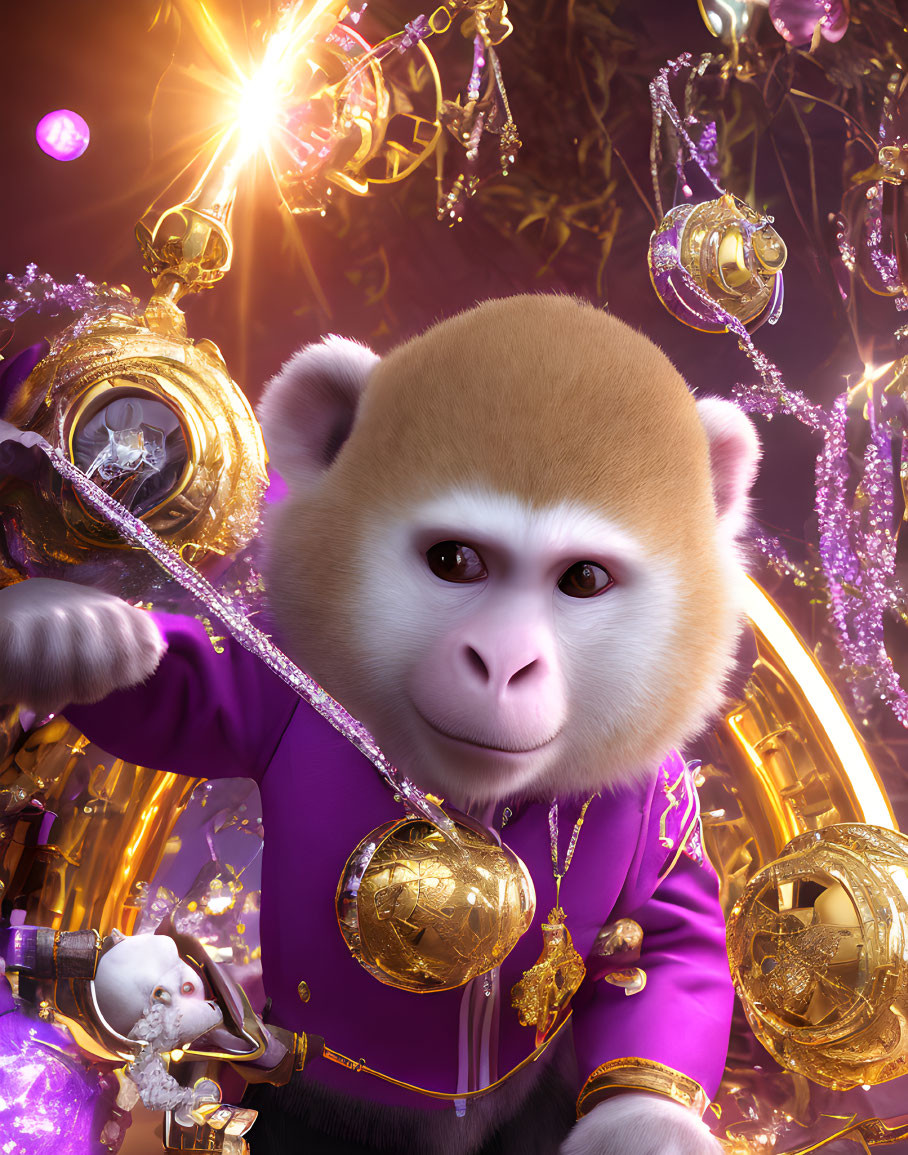 Whimsical monkey in purple suit with golden ornaments