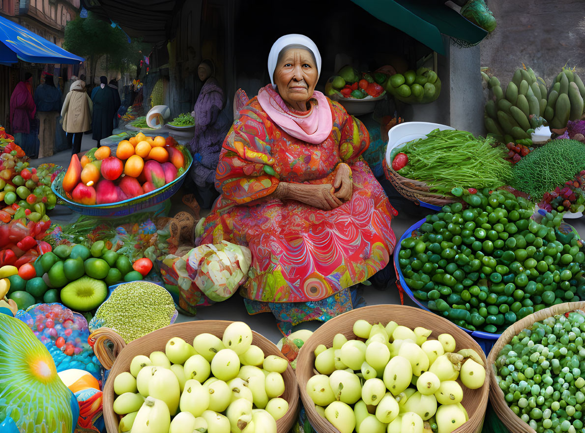 Elderly Woman in Colorful Dress Surrounded by Fresh Fruits and Vegetables at Outdoor Market