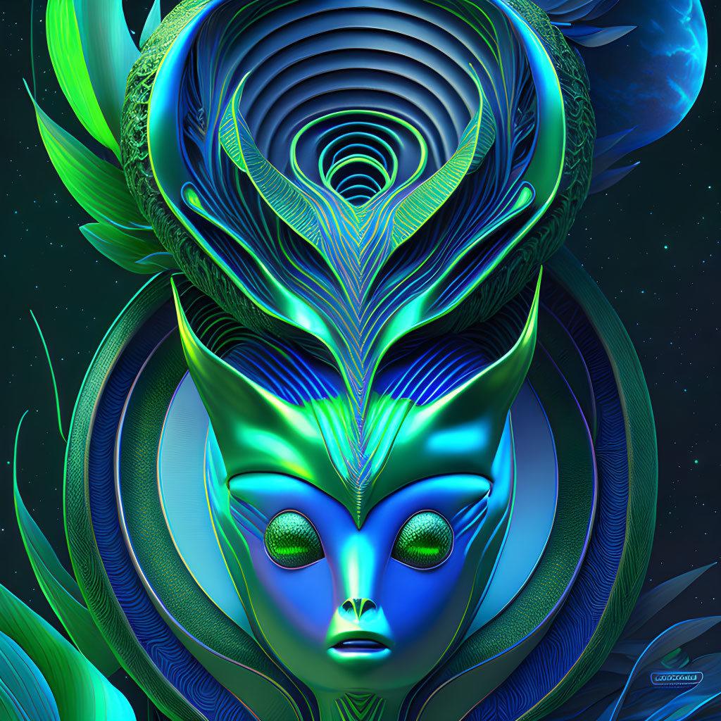 Alien with large eyes and peacock feather headdress in cosmic setting