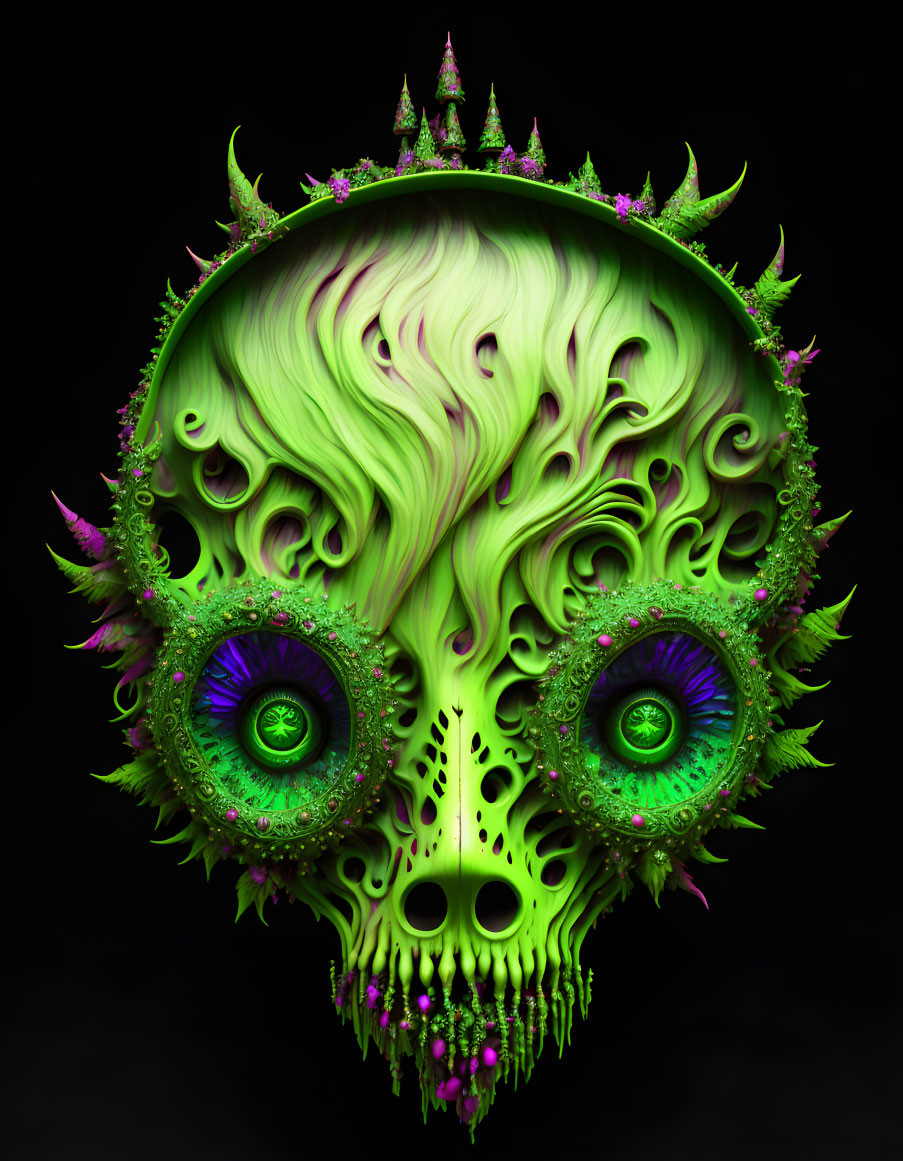 Neon Green Skull with Fractal Patterns and Jewel-Toned Eyes