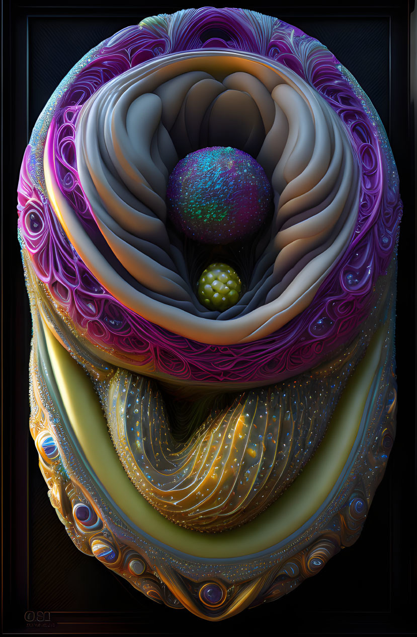 Detailed Digital Fractal Art: Abstract Flower/Shell in Purple, Blue & Gold