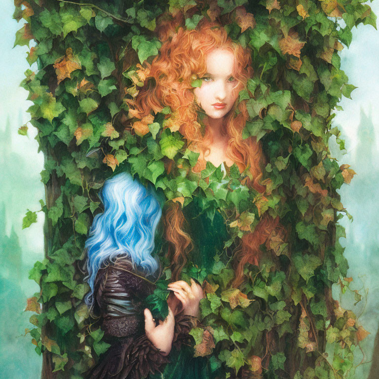 Two people intertwined in greenery, one with red curls, the other with blue hair.