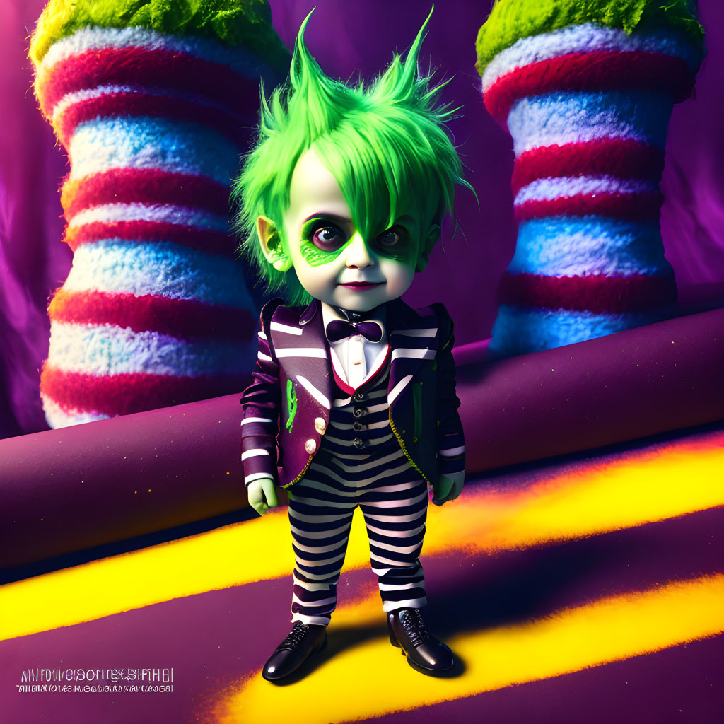 Colorful 3D-rendered creature in striped suit among twisted columns