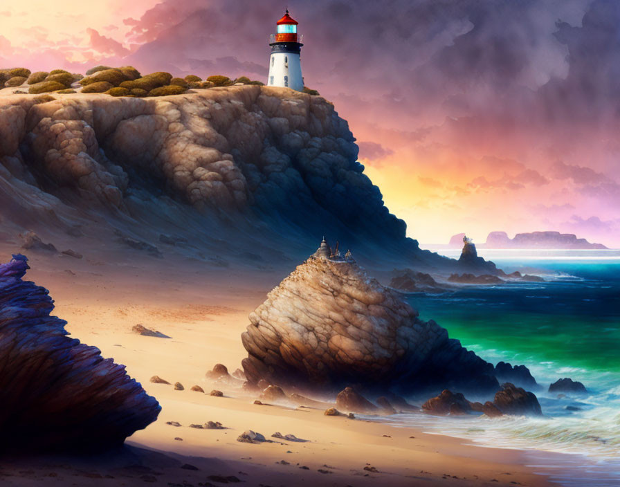 Dramatic coastal lighthouse scene with warm light and vegetation