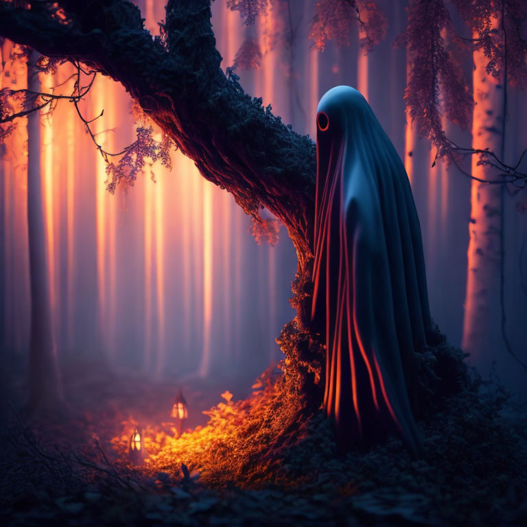 Mystical figure in cloak in vibrant enchanted forest