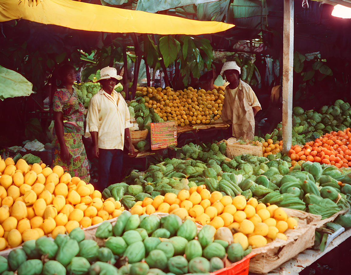 Busy fruit market scene with fresh oranges and papayas under lush green canopy