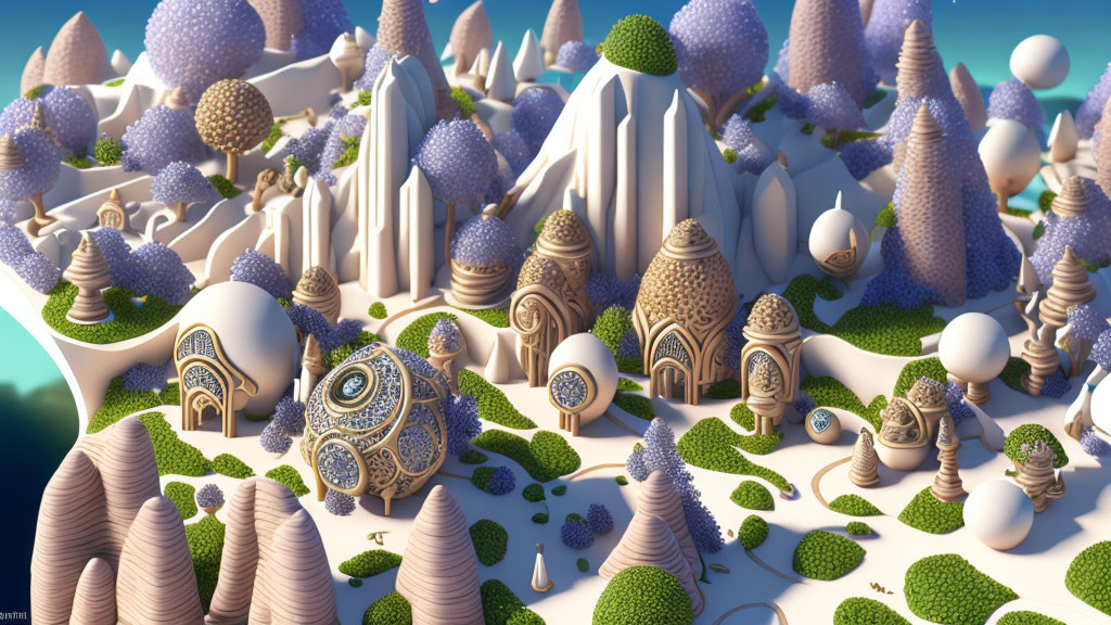 Whimsical 3D landscape with stylized trees and spiral towers in pastel colors