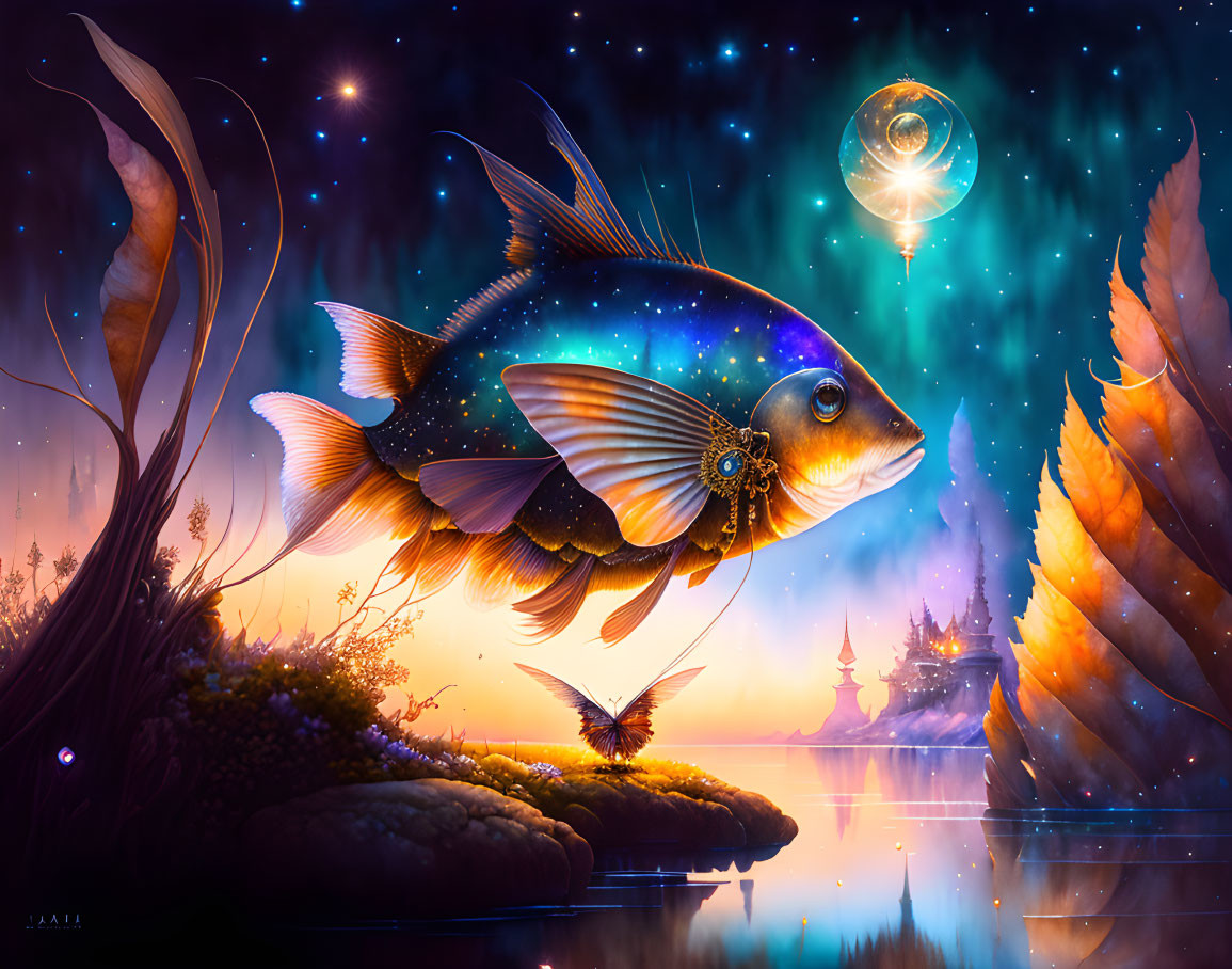 Steampunk-inspired fish in celestial digital painting