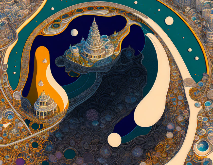 Detailed digital artwork: swirling patterns, celestial bodies, ornate structures in fantasy landscape.