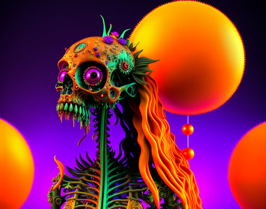 Colorful digital artwork featuring skeletal figure with decorated skull against neon orbs and flowing shapes