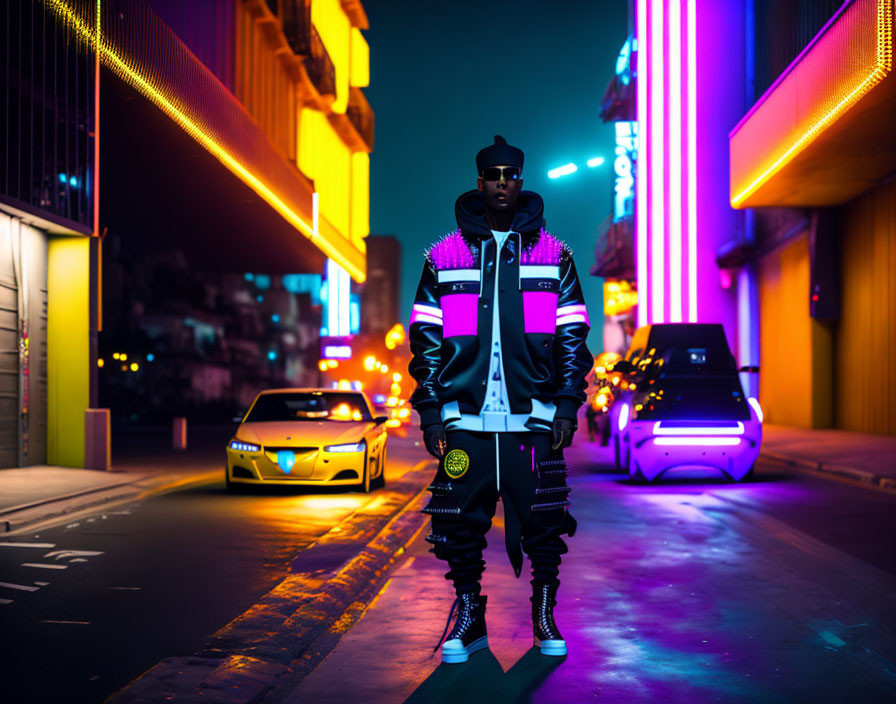 Stylish person on neon-lit urban street at night