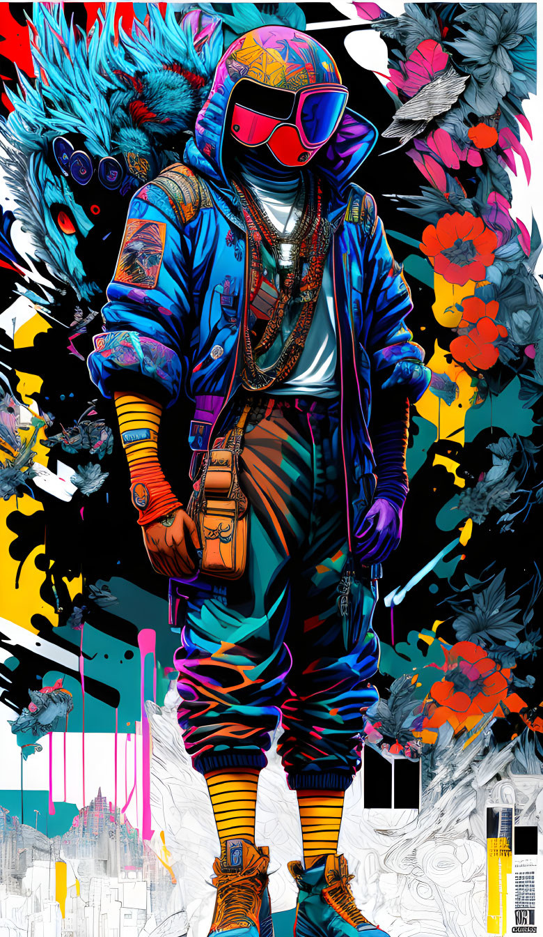 Colorful Streetwear Illustration with Hoodie, Goggles, and Headphones