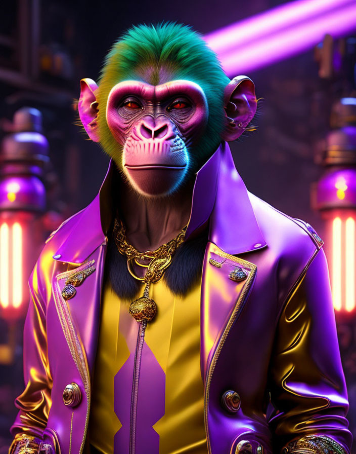 Stylized baboon with human-like features in purple jacket and gold chains on neon background