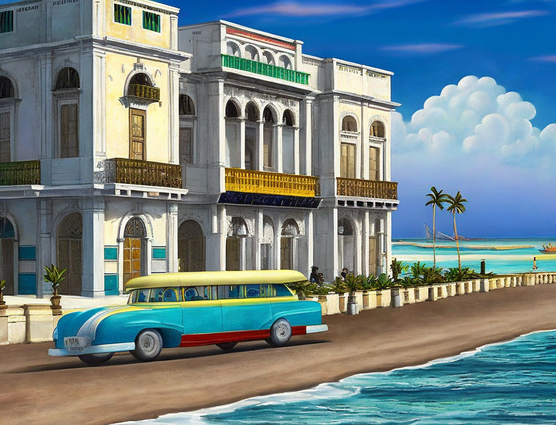 Vintage car parked by coastal road with classic buildings and tranquil sea under blue sky