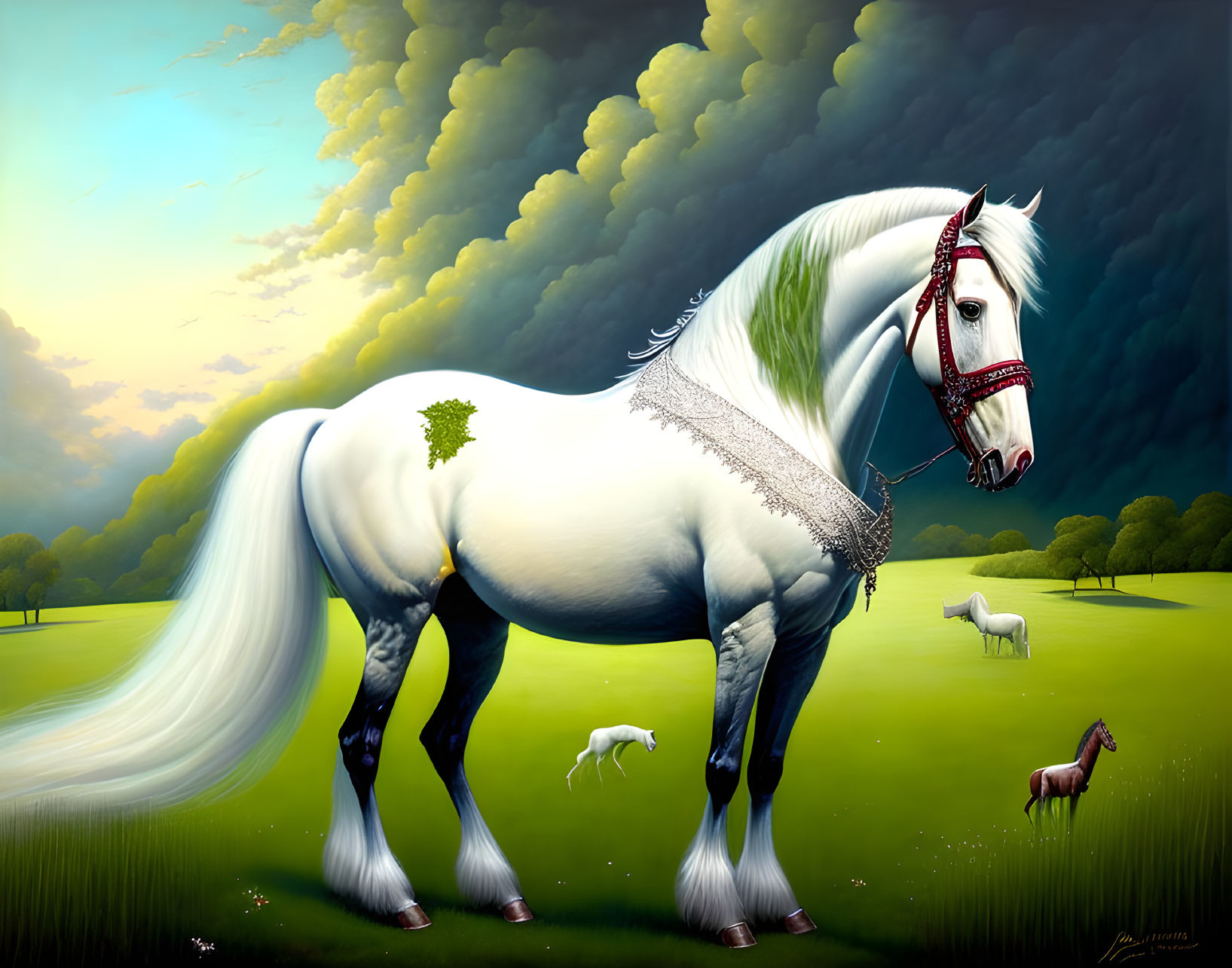 Majestic white horse with lush mane in verdant field under dramatic sky