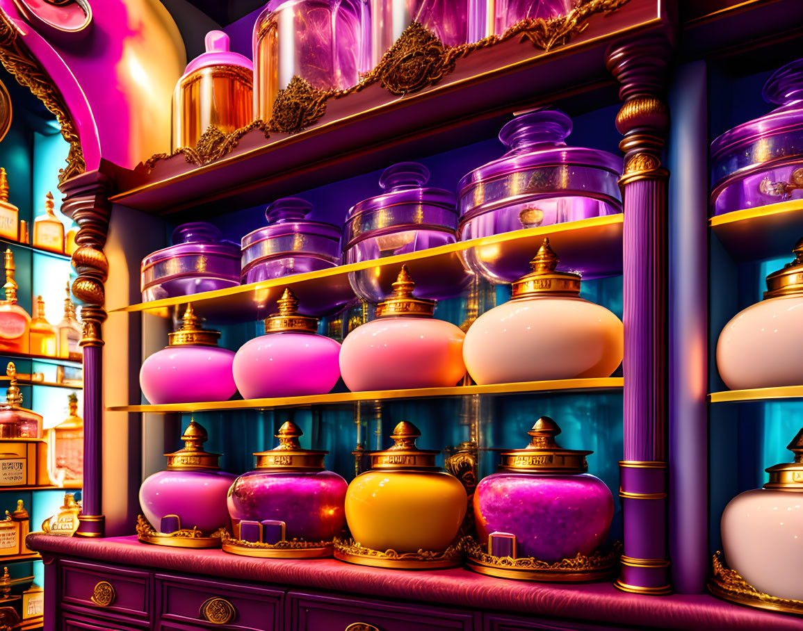 Colorful Spherical Bottle Display in Vibrant Perfume Shop