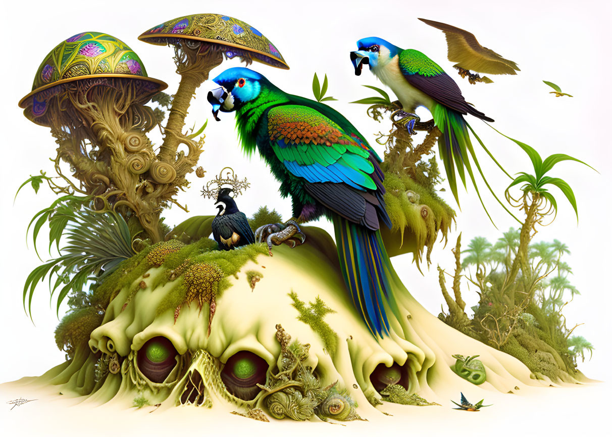 Colorful Parrot Artwork on Surreal Organic Landscape with Mushroom Structures