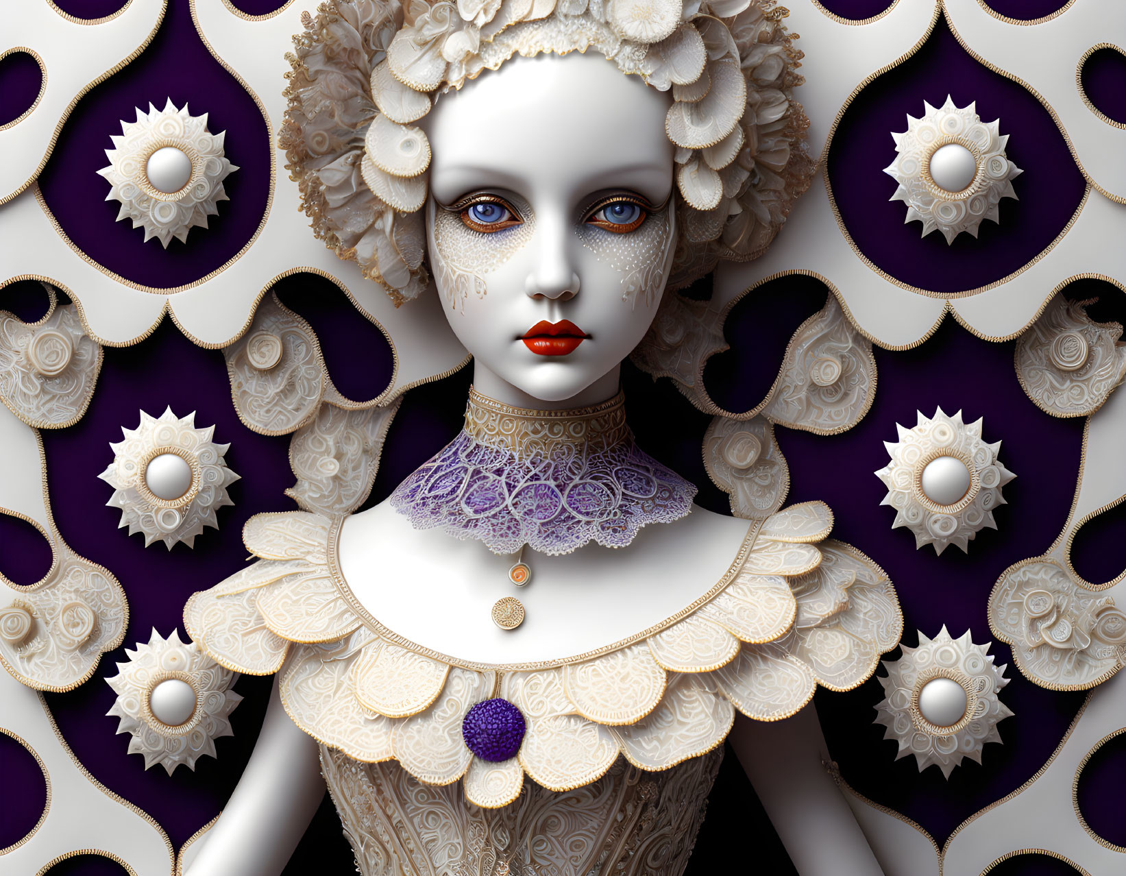 Stylized digital art portrait of a pale female figure in ornate attire