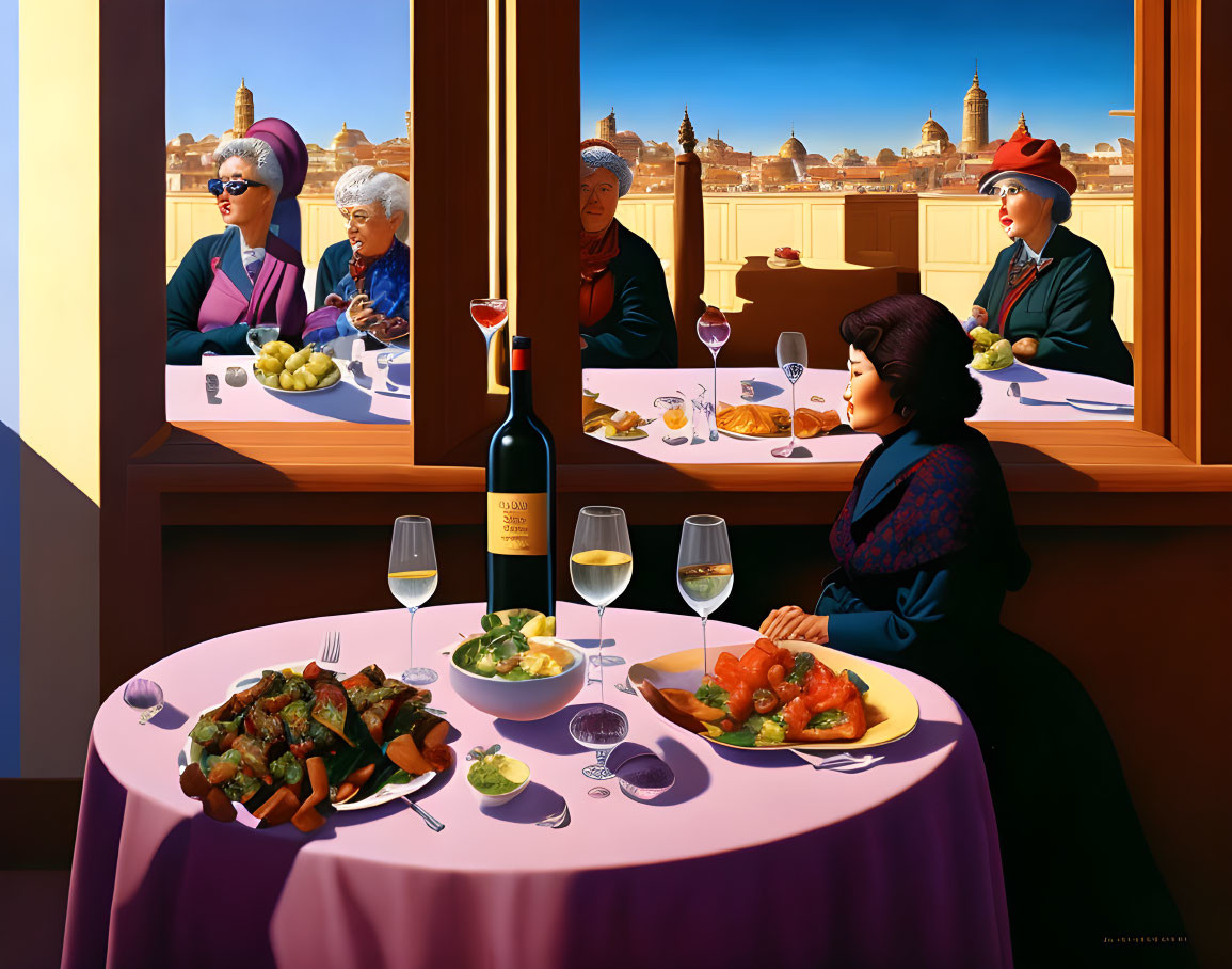 Four elegantly dressed women dining at a restaurant with wine and a sunny cityscape view.