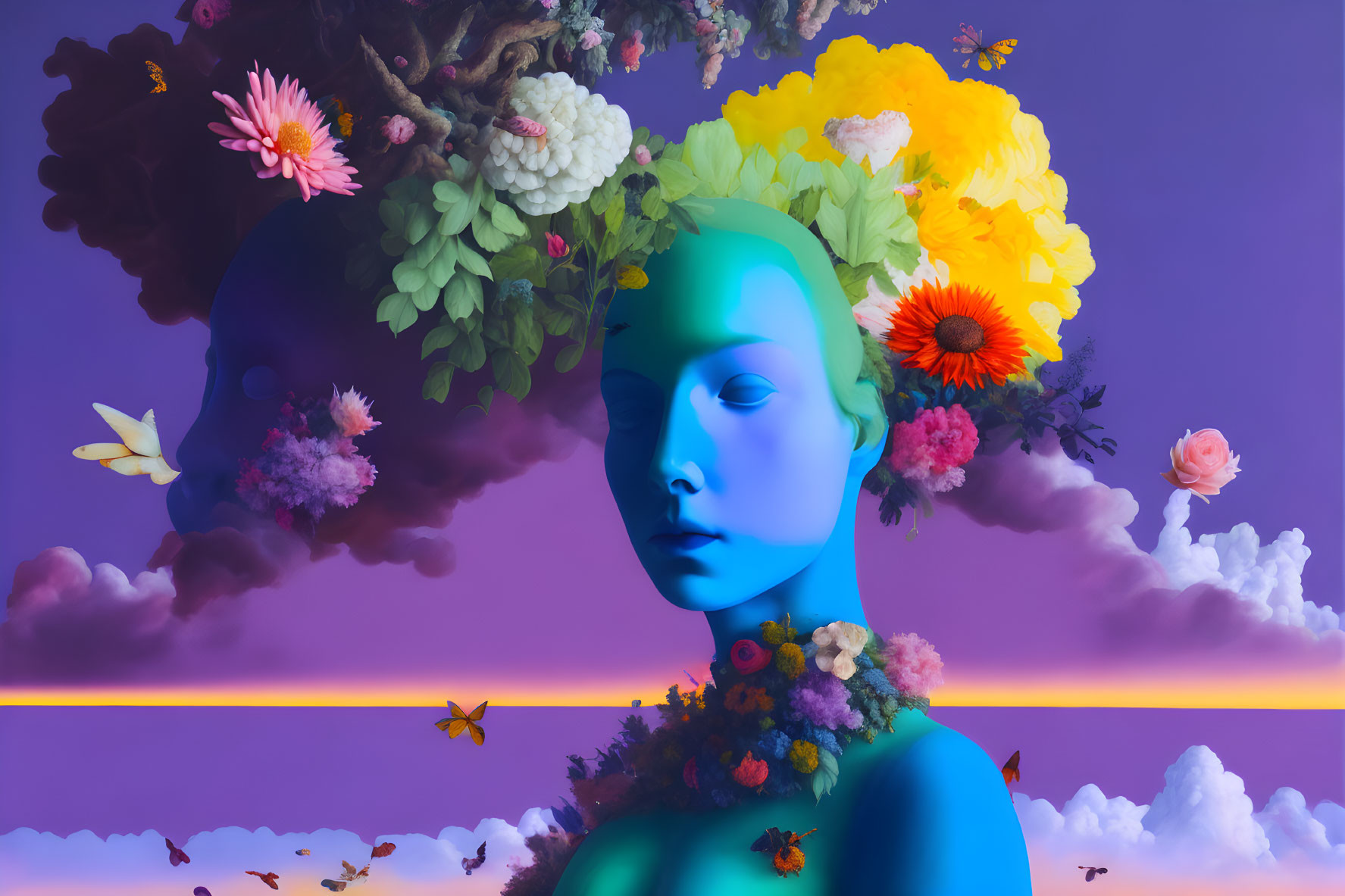 Blue-skinned figure with floral headpiece in surreal artwork