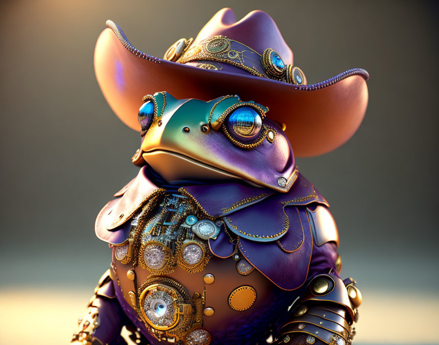 Mechanical frog in cowboy hat with golden gears on warm background