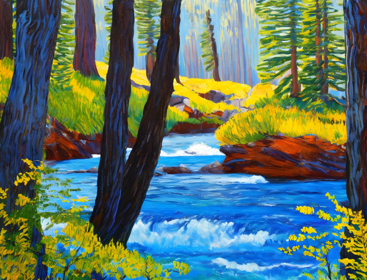 Colorful Forest Landscape: Blue River, Yellow Foliage, Dark Trunks