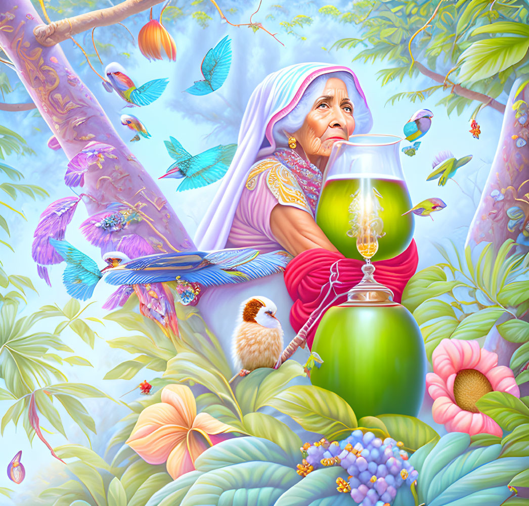 Elderly woman in purple sari with hourglass in lush nature scene