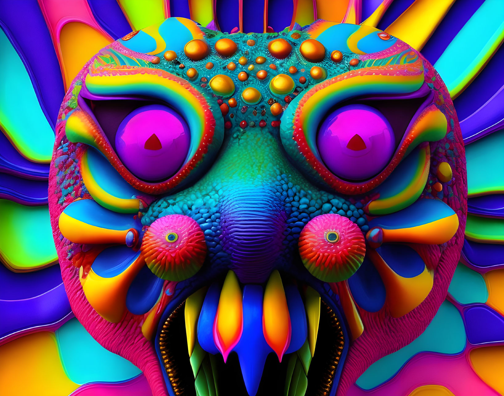 Colorful surreal creature with purple eyes and abstract facial features on vibrant background.