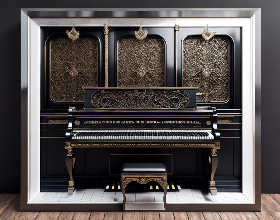 Luxurious black piano with gold detailing against a dark, patterned wall.