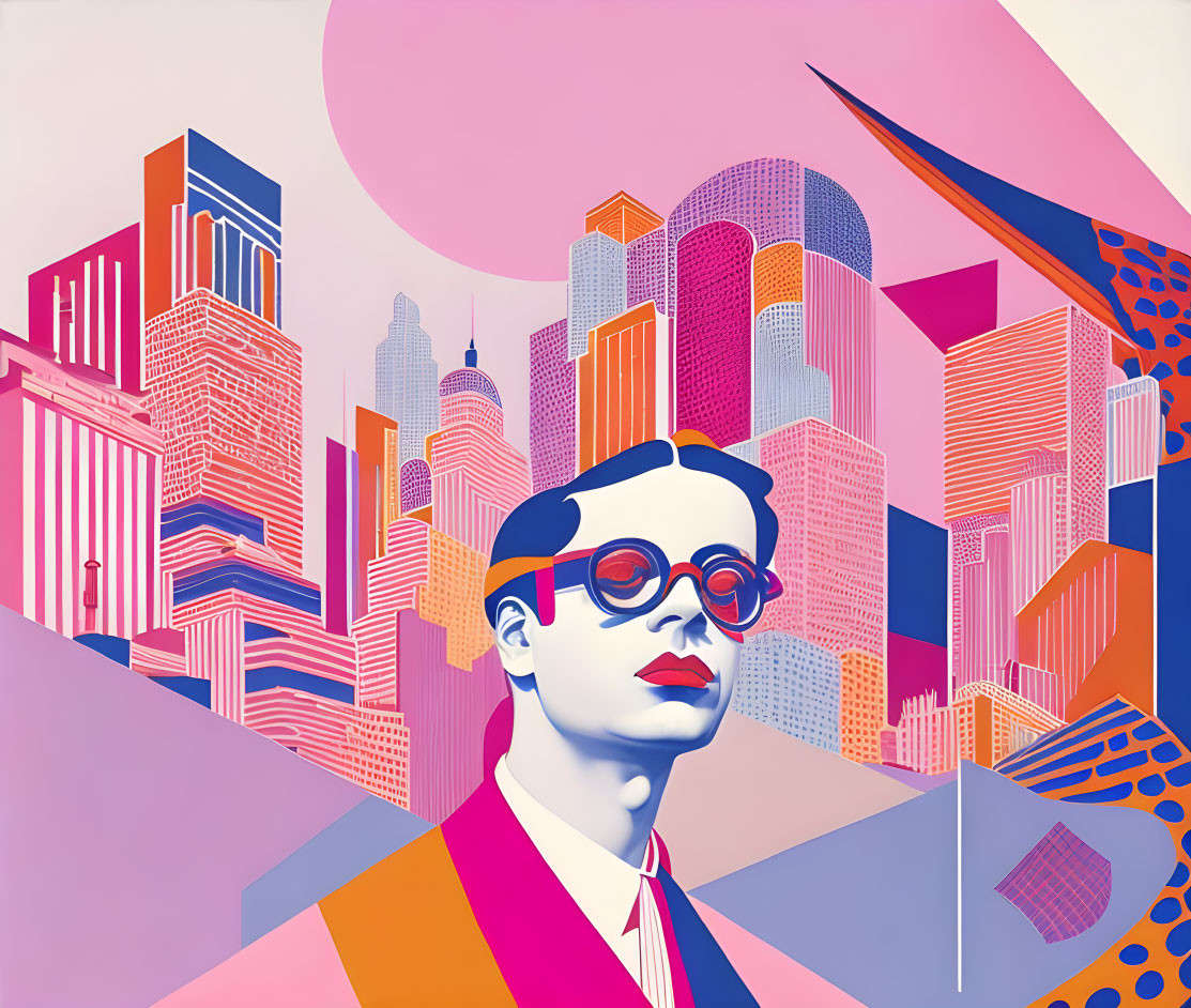 Illustration of woman with red glasses in colorful cityscape under pink sky