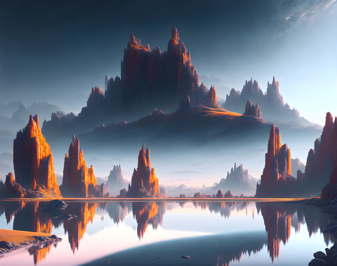 Tranquil landscape with towering rock formations reflected in still water