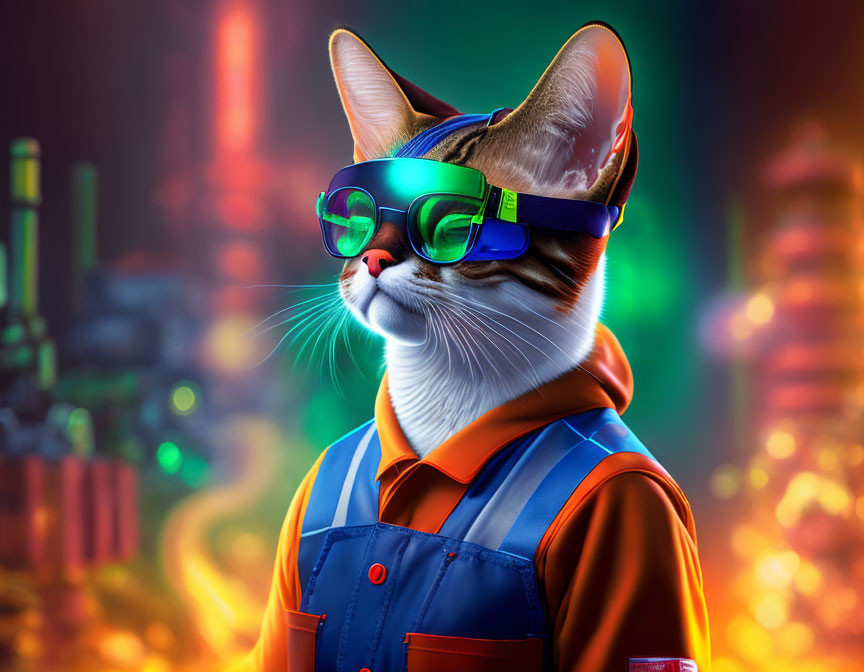 Anthropomorphic cat in safety goggles and work suit against industrial backdrop