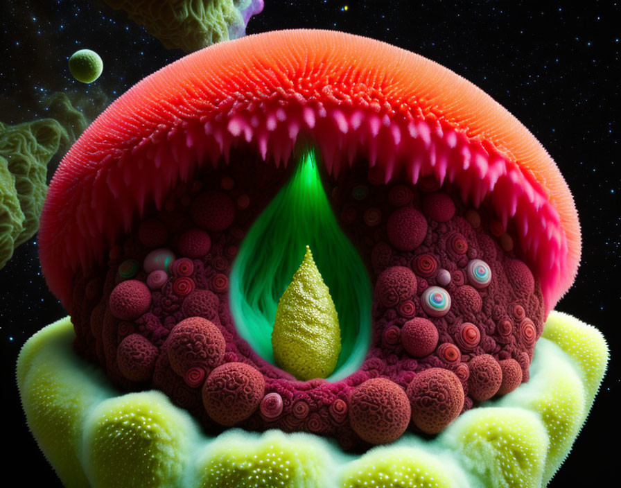 Colorful surreal artwork with lemon-shaped center and coral-like forms.