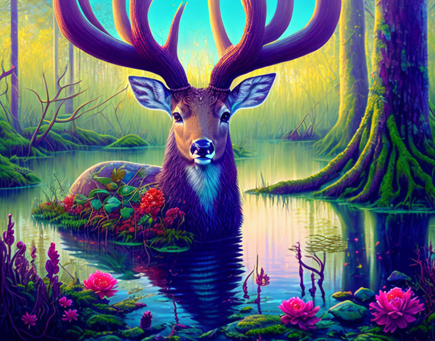 Majestic deer with expansive antlers in tranquil forest pond