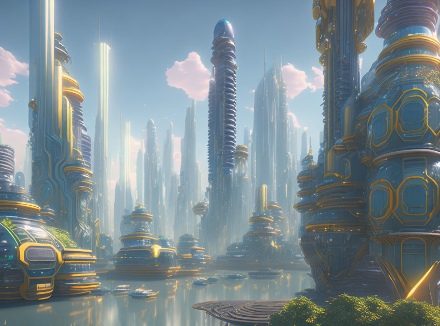 Futuristic cityscape with towering buildings and flying vehicles