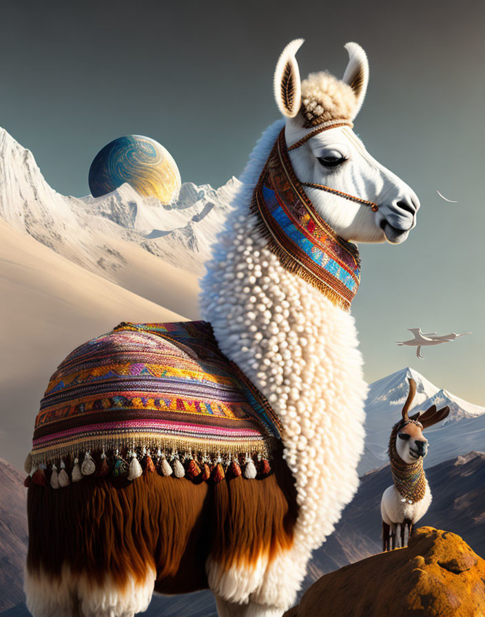 Digital art: Llama in South American textiles with mountain and planet backdrop