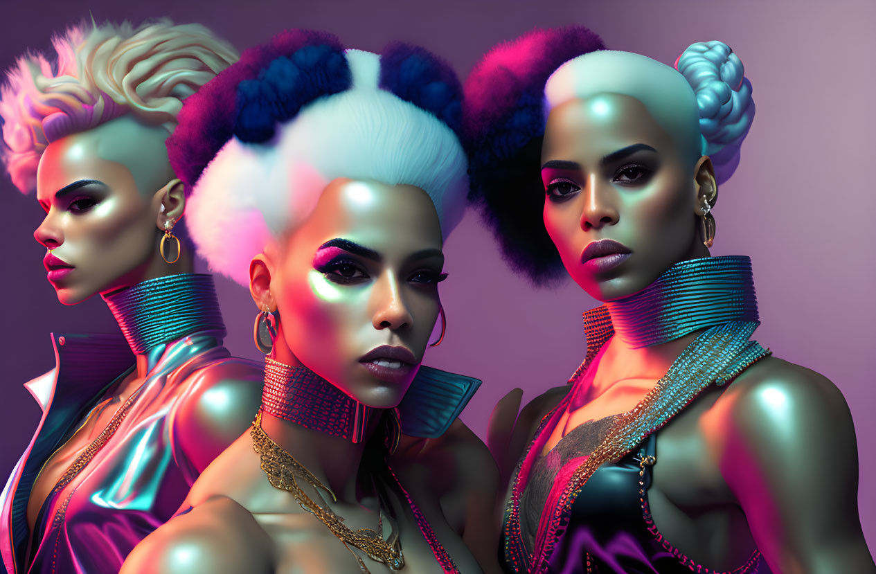 Three women with avant-garde hairstyles and vibrant makeup in futuristic metallic outfits on a purple background