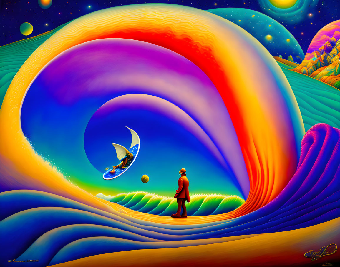 Colorful surreal landscape with person, crescent moon, boat, planets, and undulating terrain