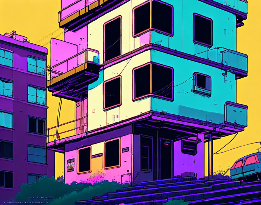 Vibrant purple and teal multi-level building illustration at sunset