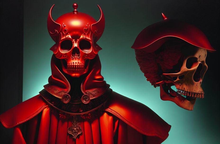 Sinister red skull figures with horns and helmet in cloaks