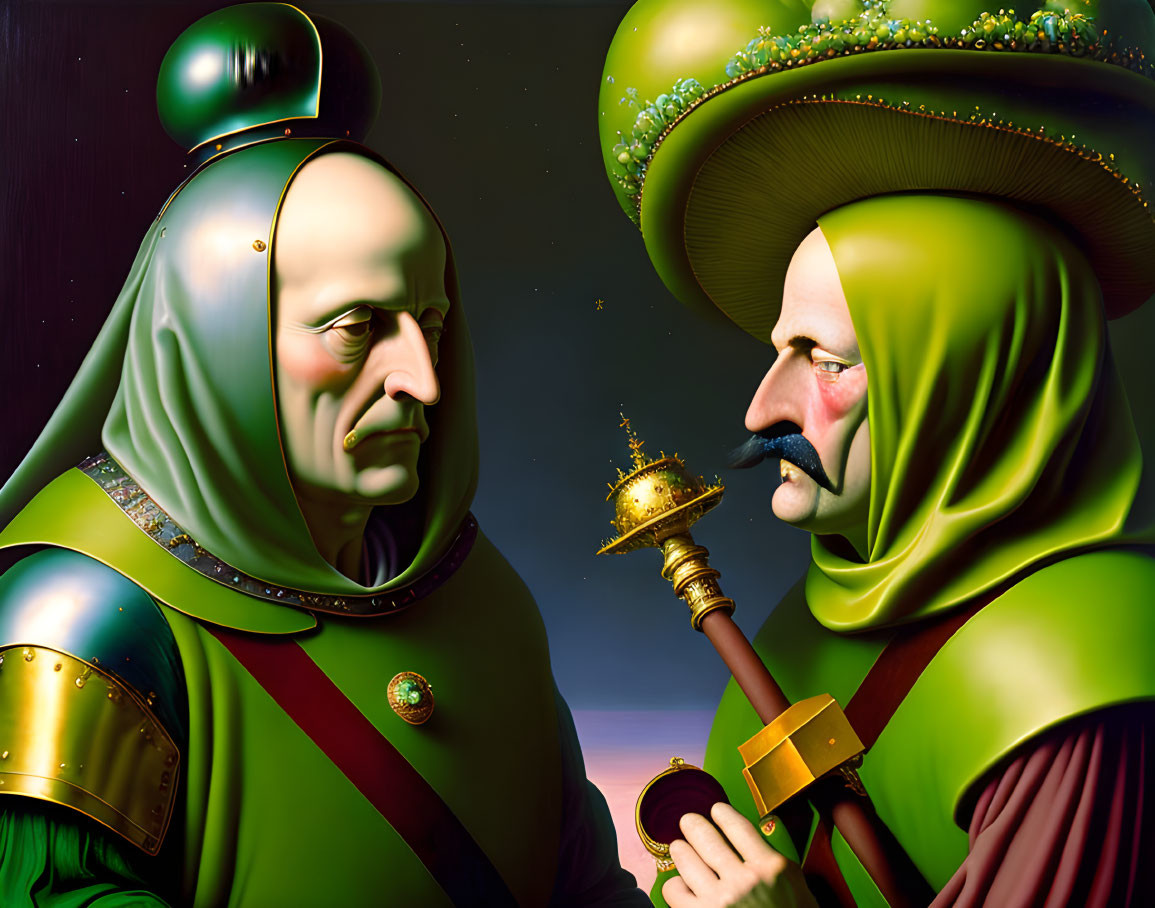 Stylized characters in green and gold attire with expressive features