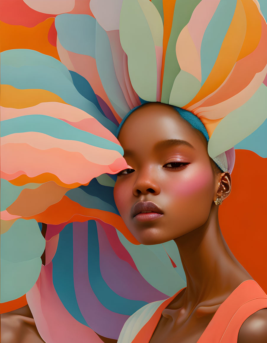 Colorful petal-like shapes in portrait of woman.