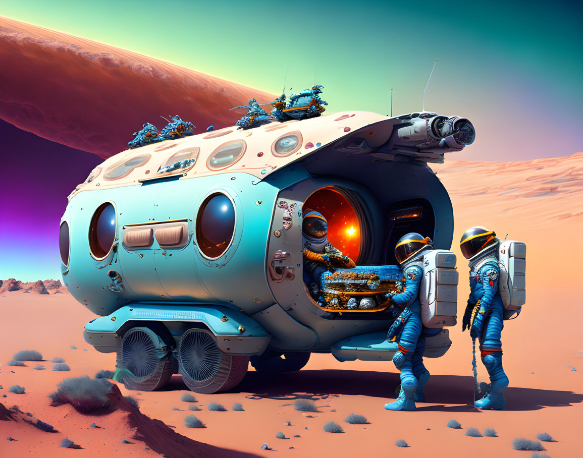 Astronauts on Martian landscape with futuristic spherical vehicle