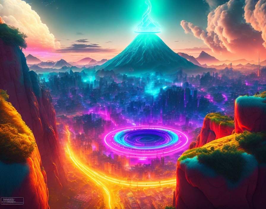 Futuristic cityscape with neon lights, mountains, volcano, circular structure, and clouds